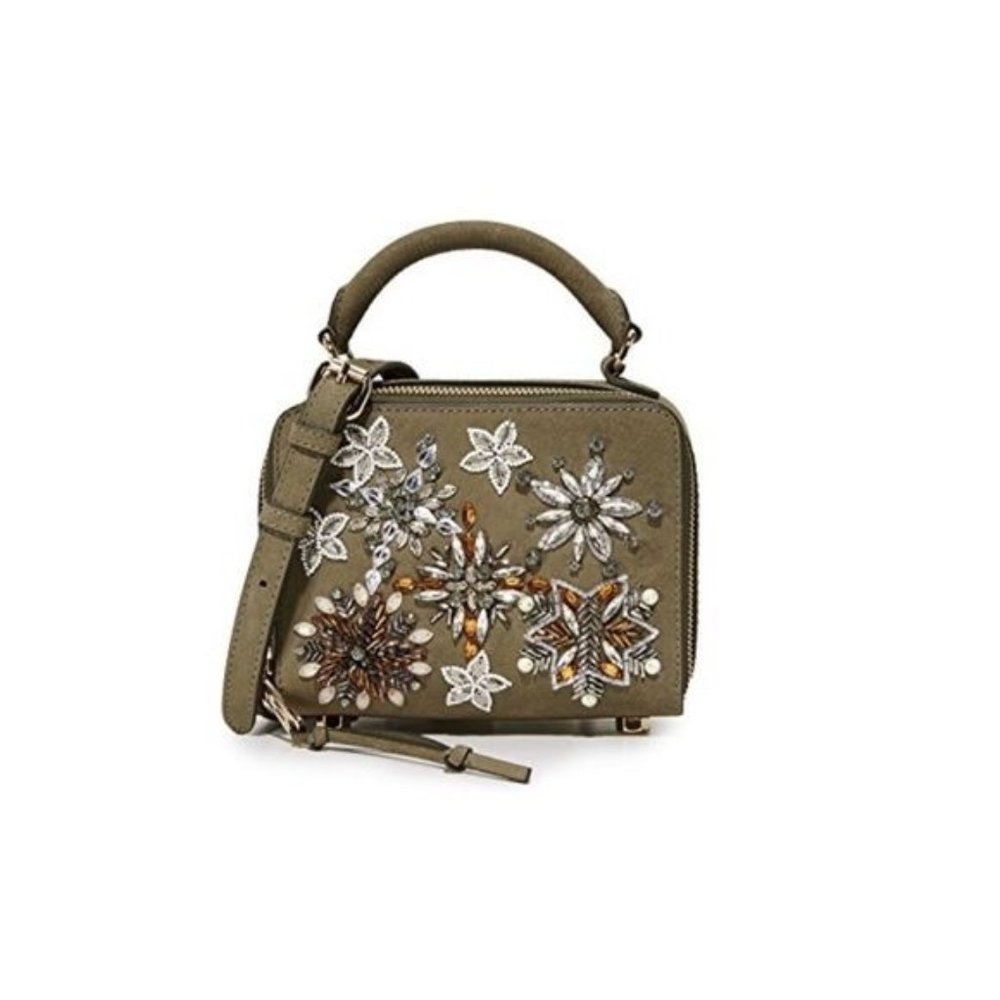 Rebecca Minkoff Stargazing Beaded Suede Box Bag Olive Rhinestone Crossbody NWT